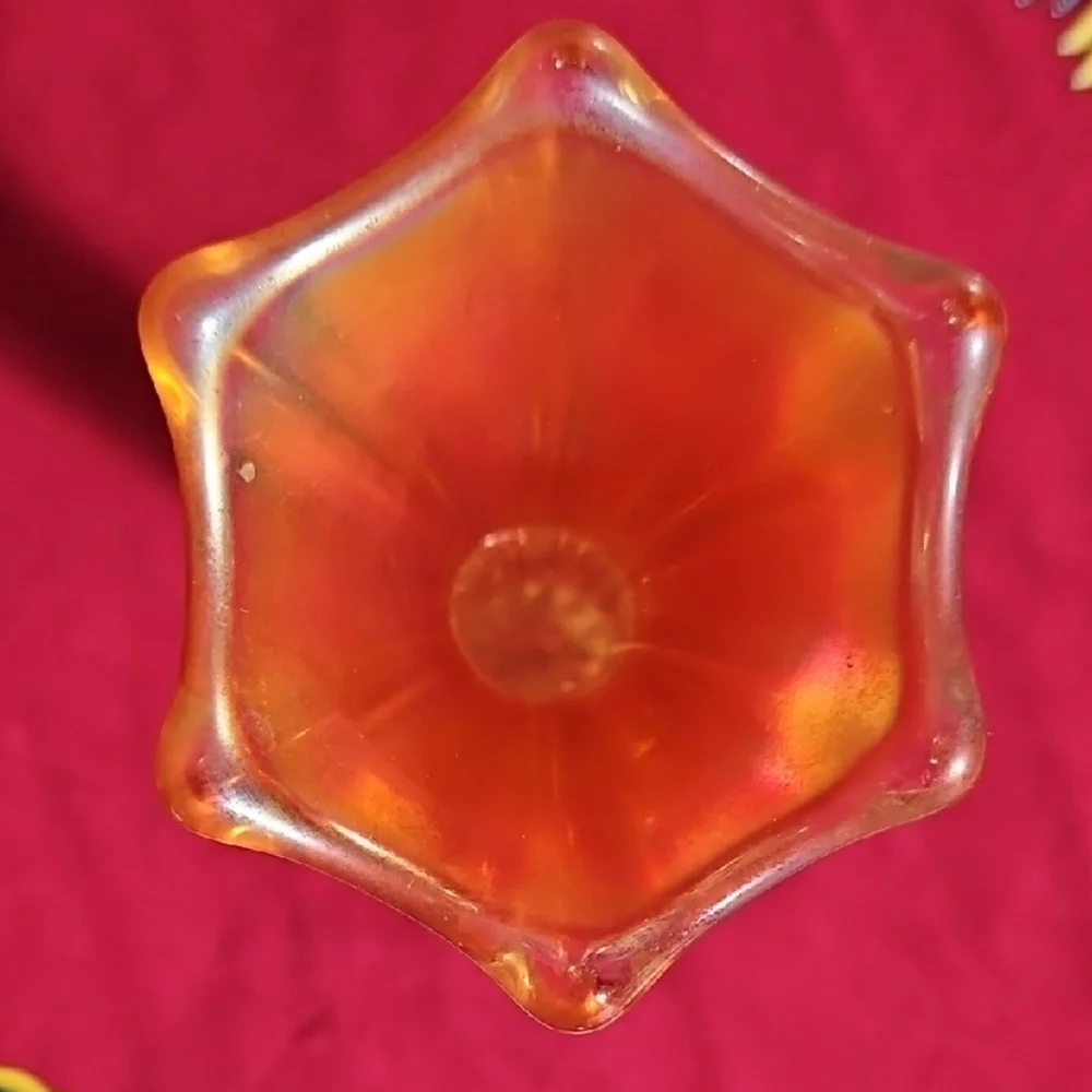 Vintage Marigold Carnival Glass Swung Bud Vase Iridescent Morning Glory